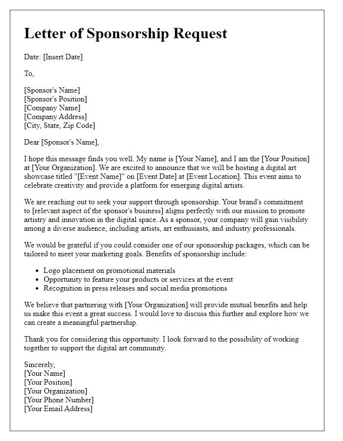 Letter template of sponsorship request for a digital art showcase.