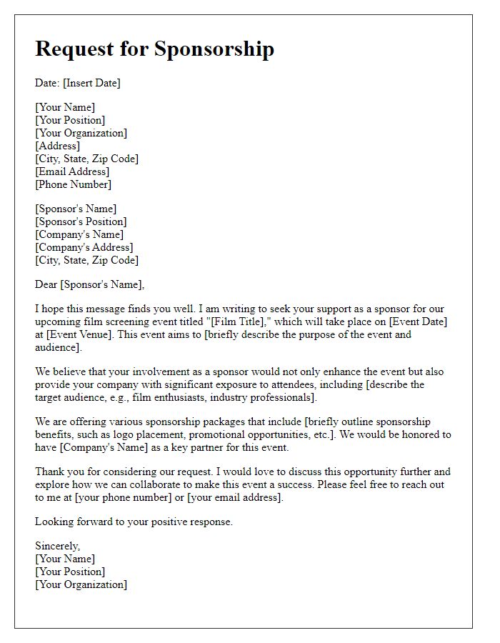 Letter template of sponsorship request for a film screening event.