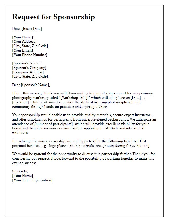 Letter template of sponsorship request for a photography workshop.