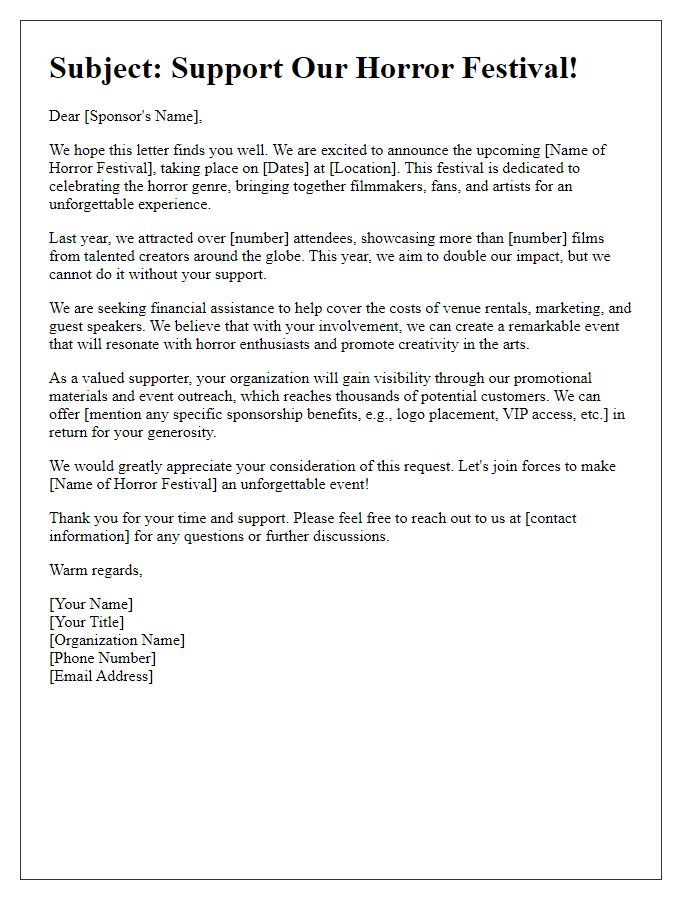 Letter template of horror festival financial support appeal