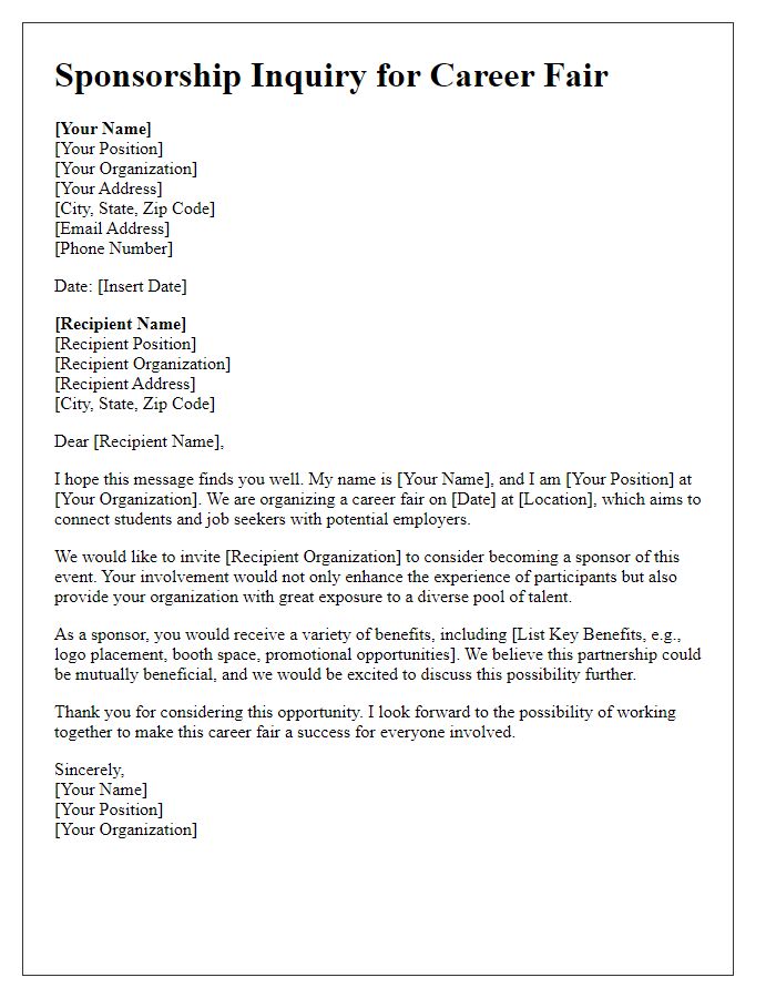 Letter template of sponsorship inquiry for career fair