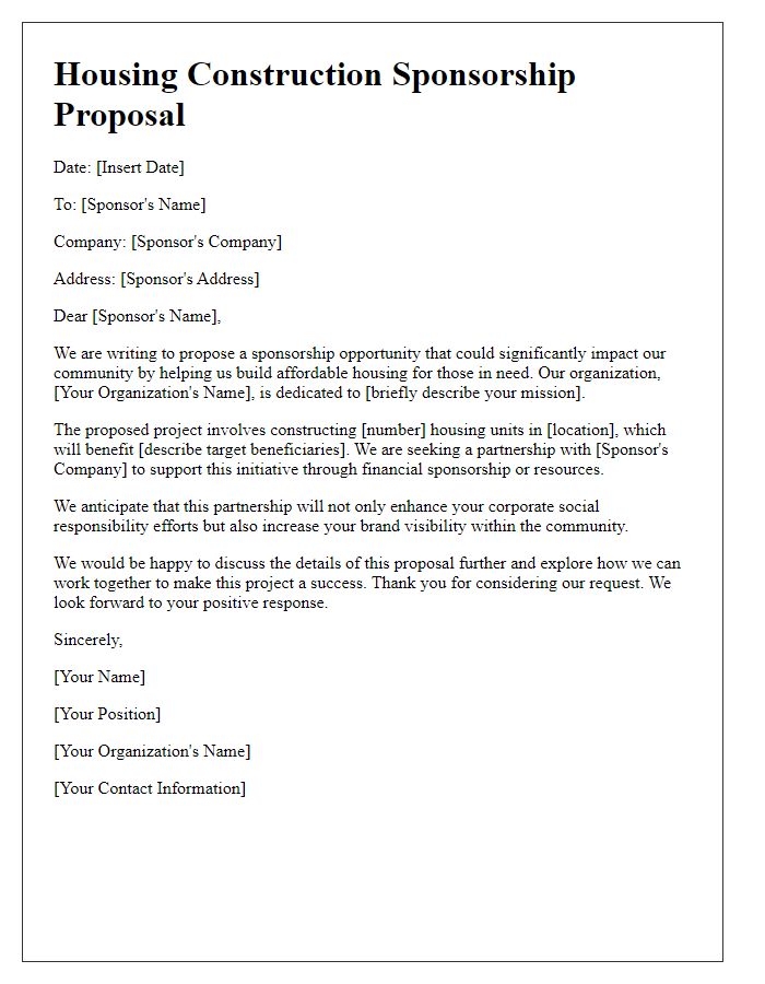 Letter template of housing construction sponsorship proposal