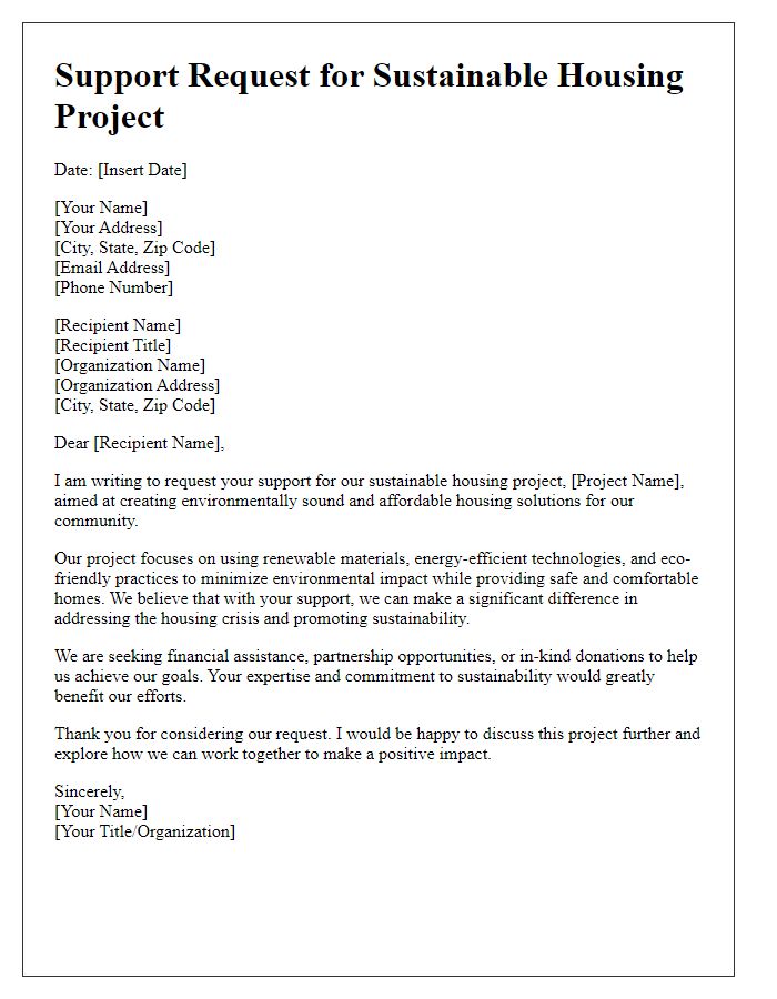 Letter template of sustainable housing project support request