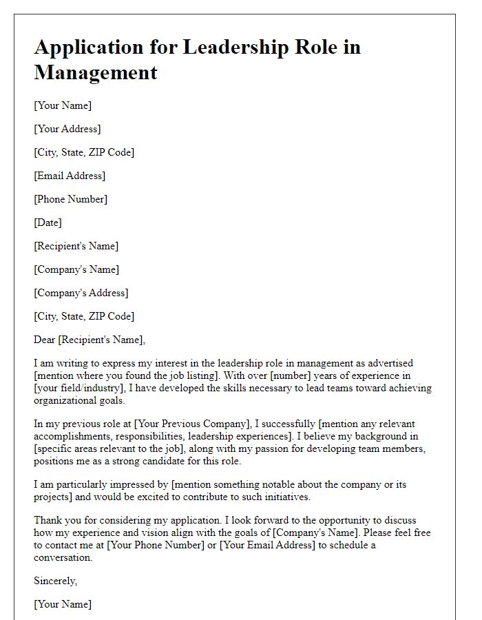 Letter template of application for leadership role in management.