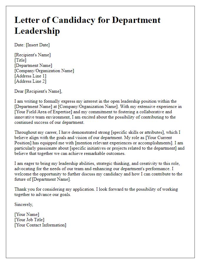 Letter template of candidacy for department leadership vacancy.