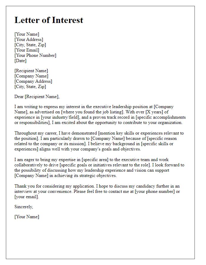 Letter template of interest in executive leadership position.