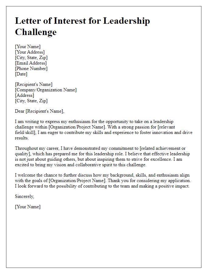 Letter template of passion for taking on a leadership challenge.