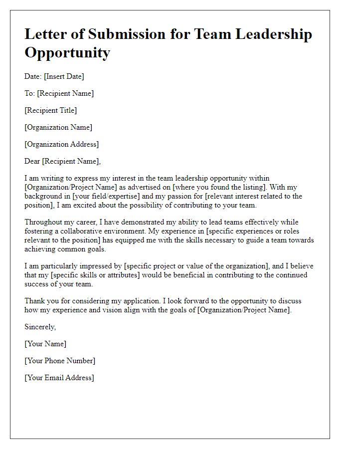 Letter template of submission for team leadership opportunity.