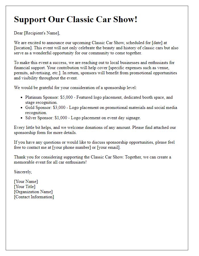 Letter template of classic car show financial support solicitation.