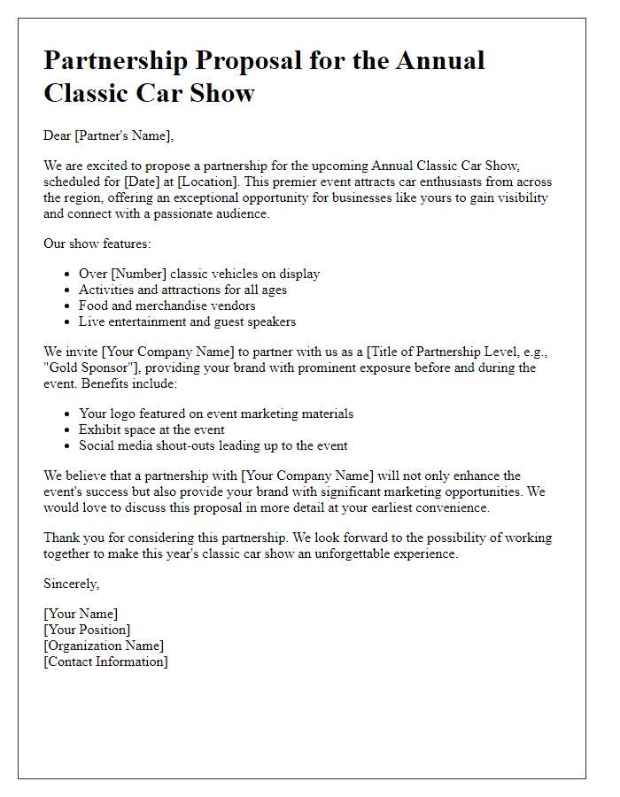 Letter template of classic car show partnership proposal.