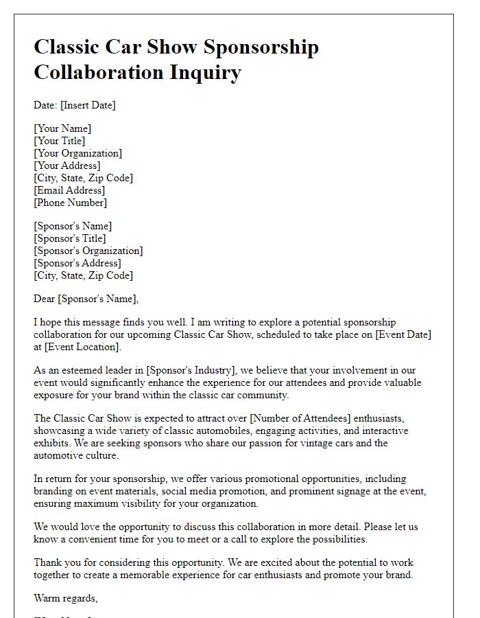 Letter template of classic car show sponsorship collaboration inquiry.