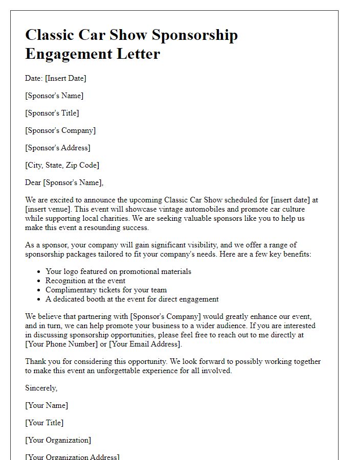 Letter template of classic car show sponsorship engagement letter.