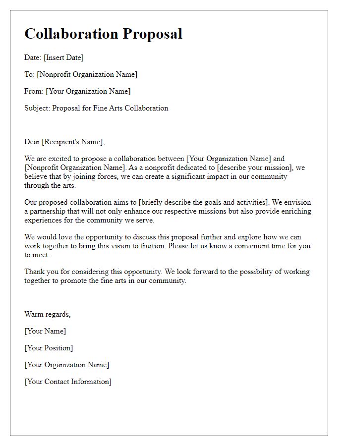 Letter template of fine arts collaboration proposal for nonprofit organization.