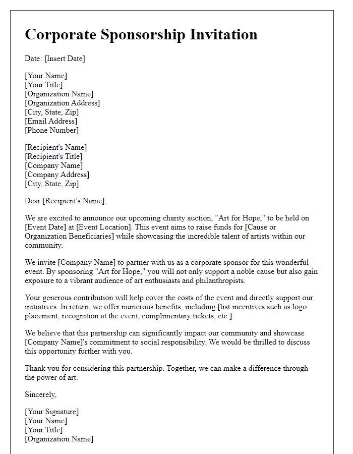 Letter template of fine arts corporate sponsorship letter for charity auction.