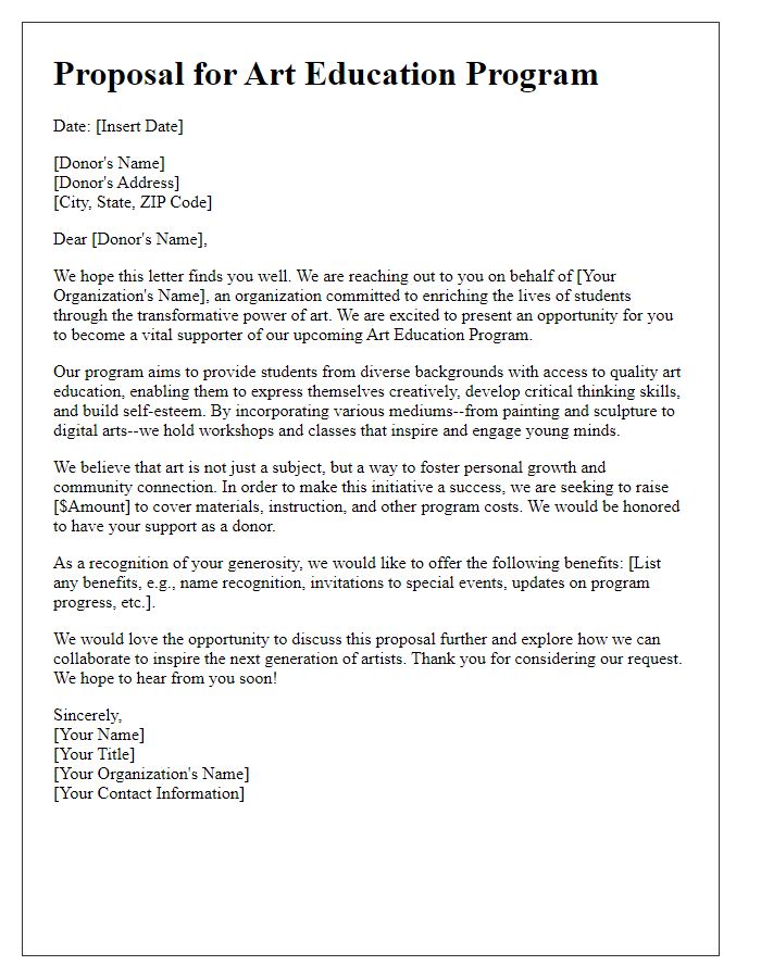 Letter template of fine arts donor proposal for art education program.