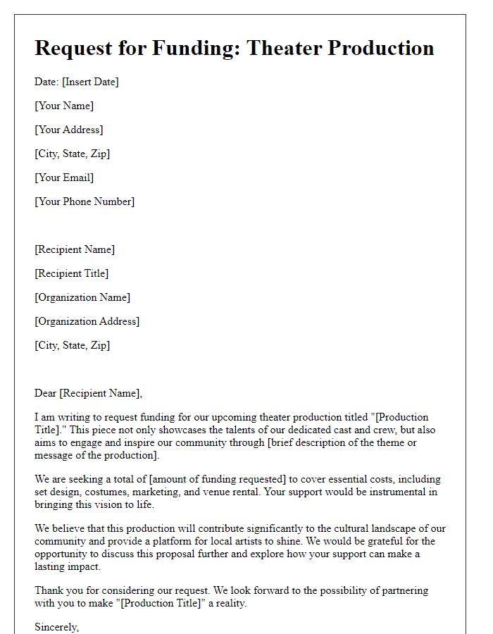 Letter template of fine arts funding request for theater production.