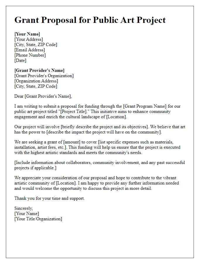 Letter template of fine arts grant proposal for public art project.