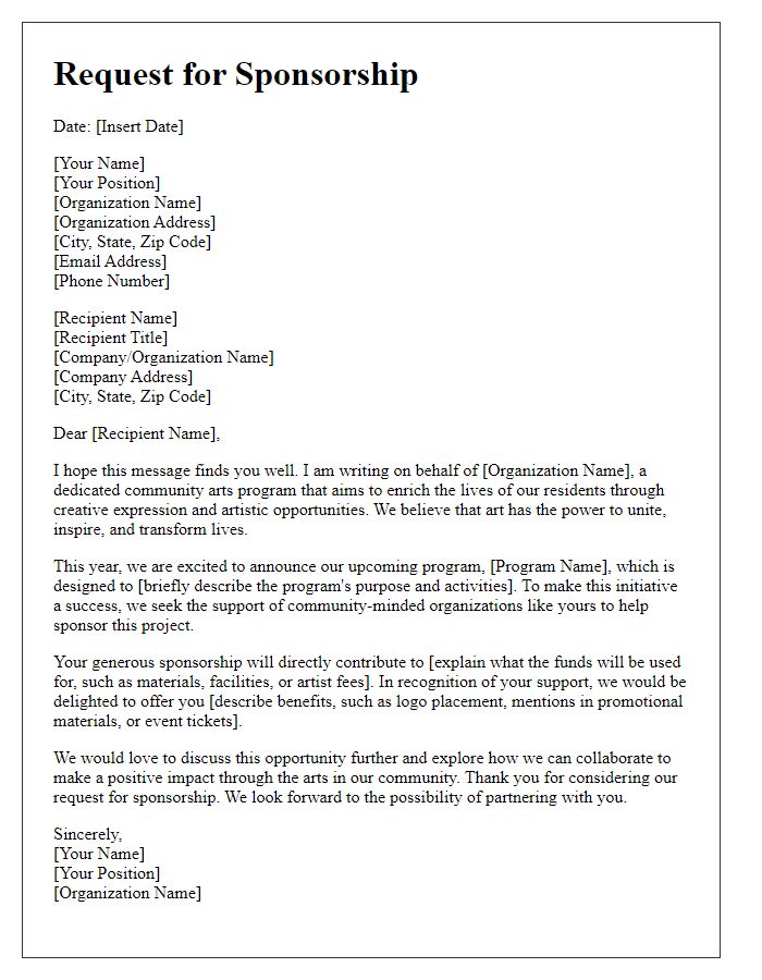 Letter template of fine arts sponsorship request for community arts program.