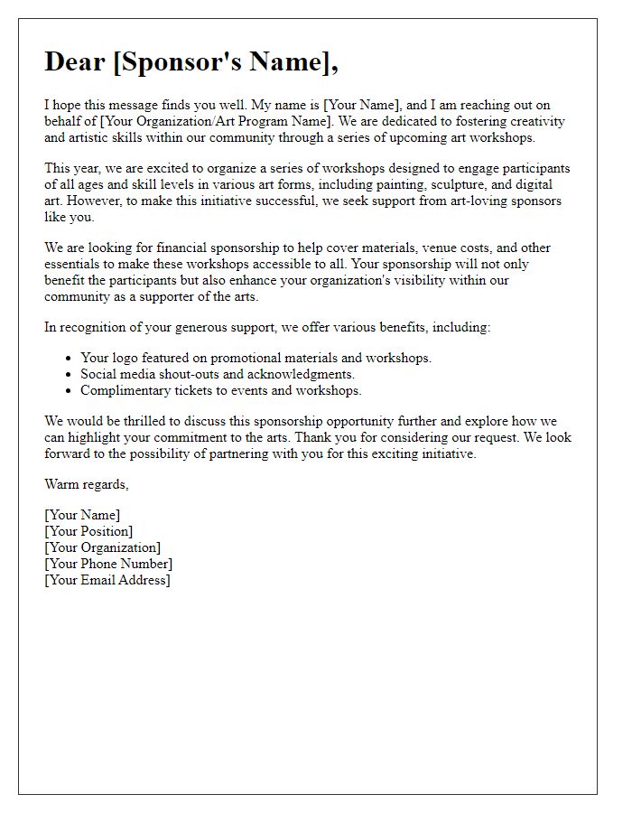 Letter template of fine arts sponsorship solicitation for art workshops.