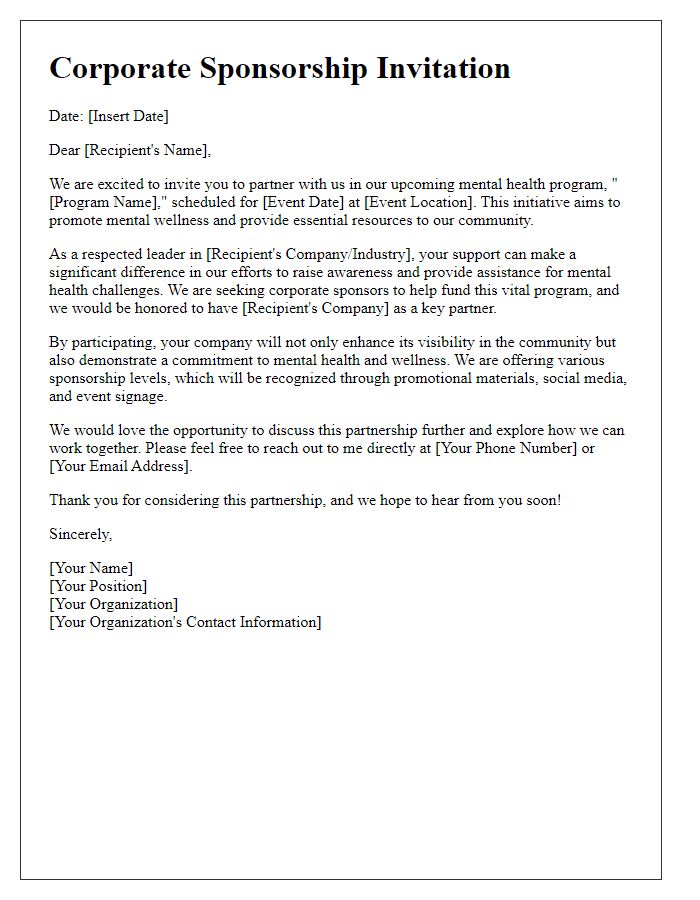 Letter template of corporate sponsorship invitation for a mental health program.