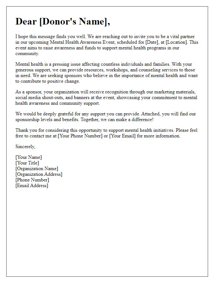 Letter template of donor appeal for mental health support event sponsorship.