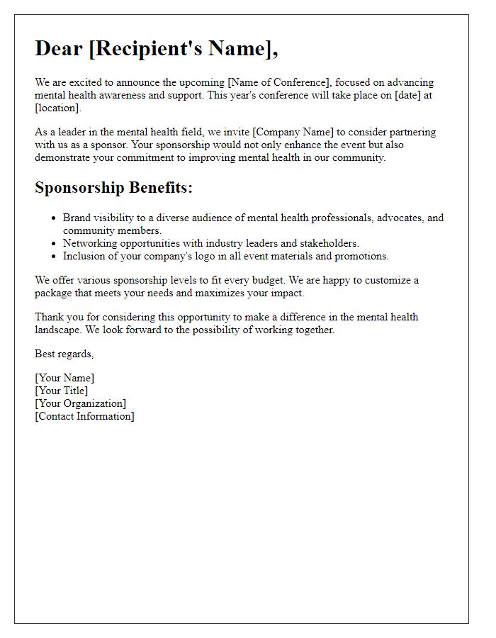 Letter template of sponsorship opportunity for mental health conference.