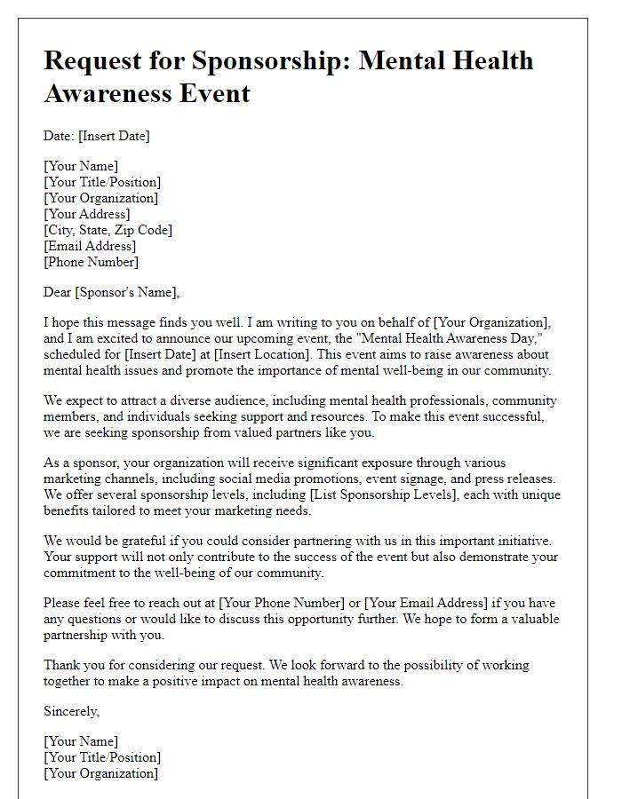 Letter template of sponsorship request for mental health awareness event.