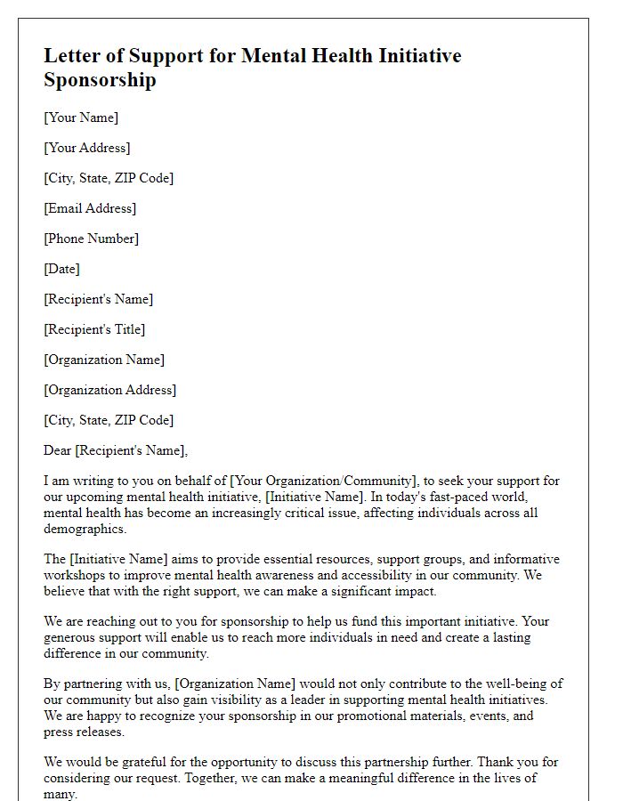 Letter template of support appeal for mental health initiative sponsorship.