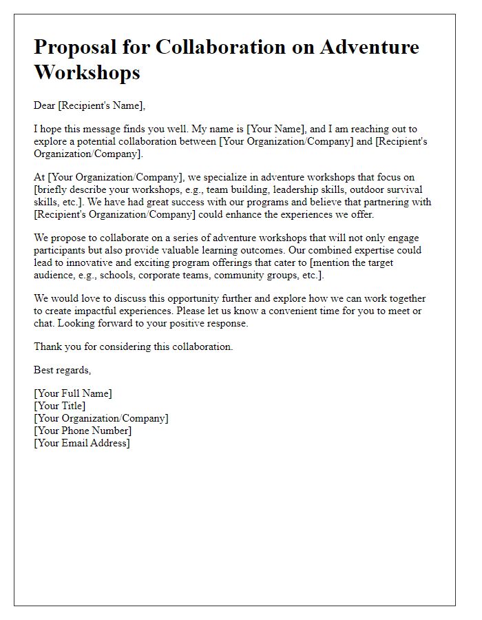 Letter template of adventure workshop collaboration offer