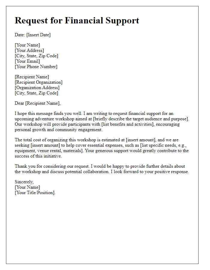 Letter template of adventure workshop financial support request