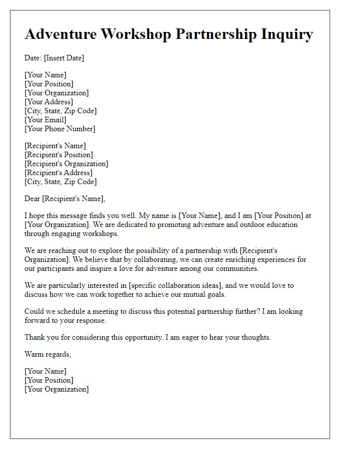 Letter template of adventure workshop partnership inquiry