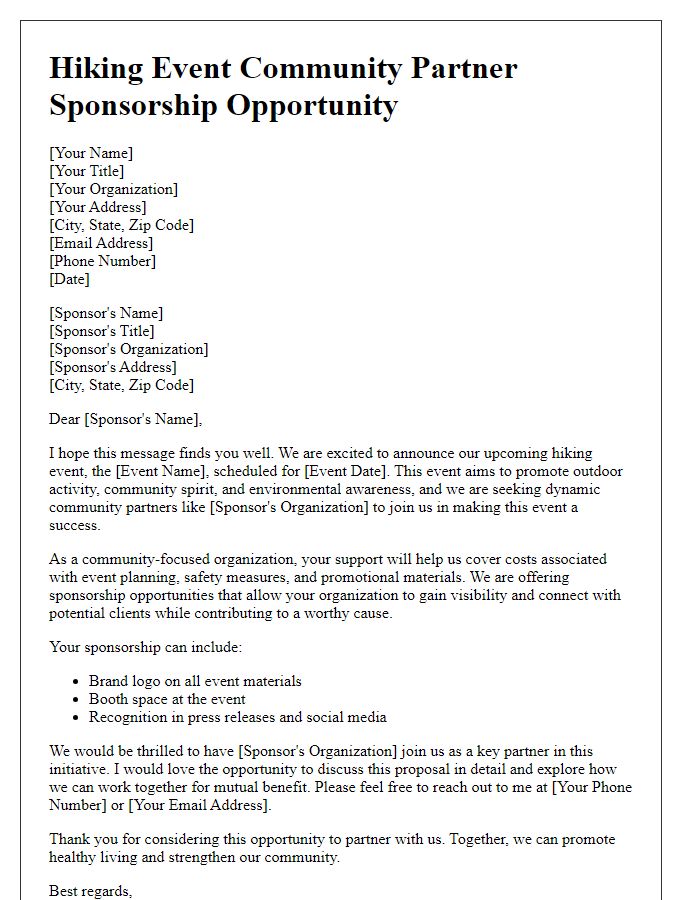 Letter template of hiking event community partner sponsorship