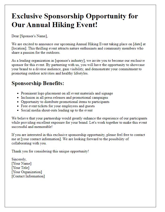 Letter template of hiking event exclusive sponsorship opportunity