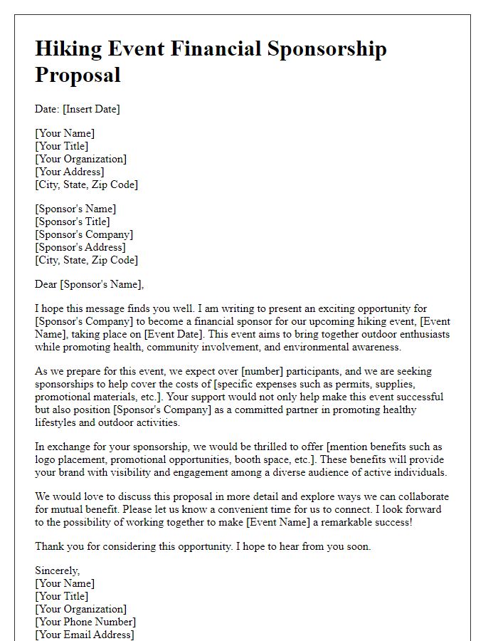 Letter template of hiking event financial sponsorship pitch