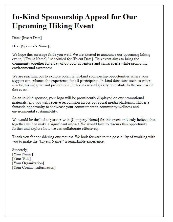 Letter template of hiking event in-kind sponsorship appeal