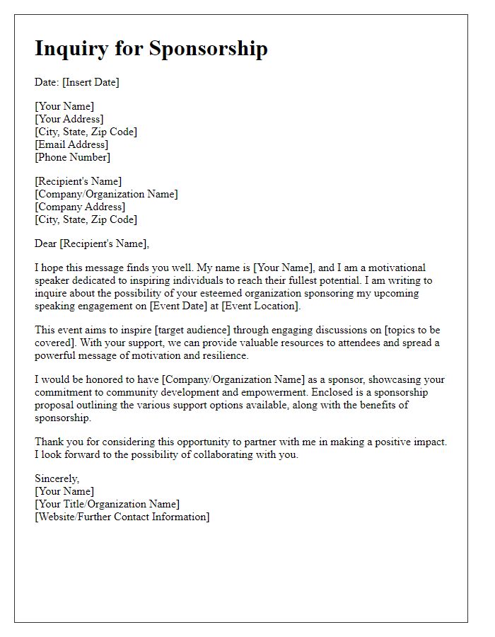 Letter template of inquiry for sponsoring a motivational speaking engagement