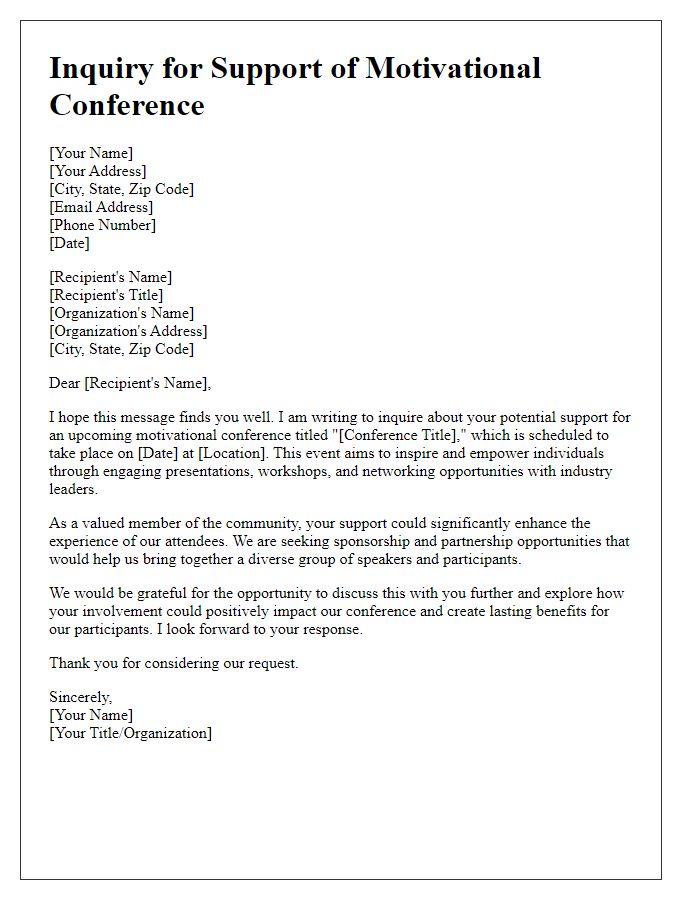 Letter template of inquiry for supporting a motivational conference