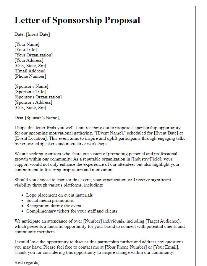 Letter template of proposition for sponsorship of a motivational gathering