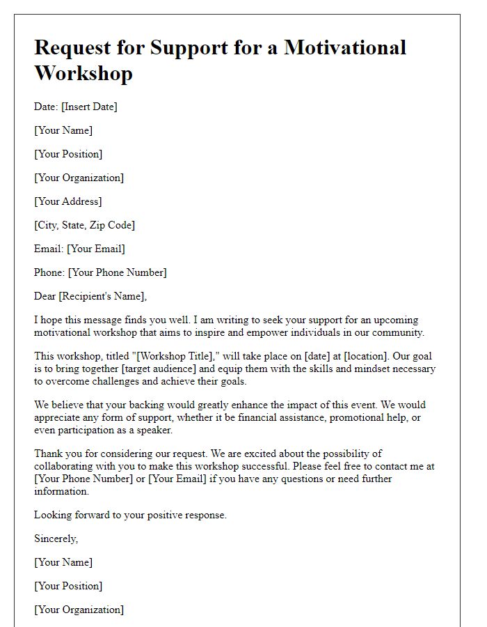 Letter template of request for backing a motivational workshop