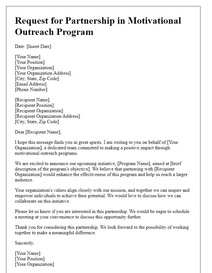 Letter template of request for partnership in a motivational outreach program