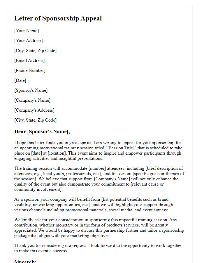 Letter template of sponsorship appeal for a motivational training session