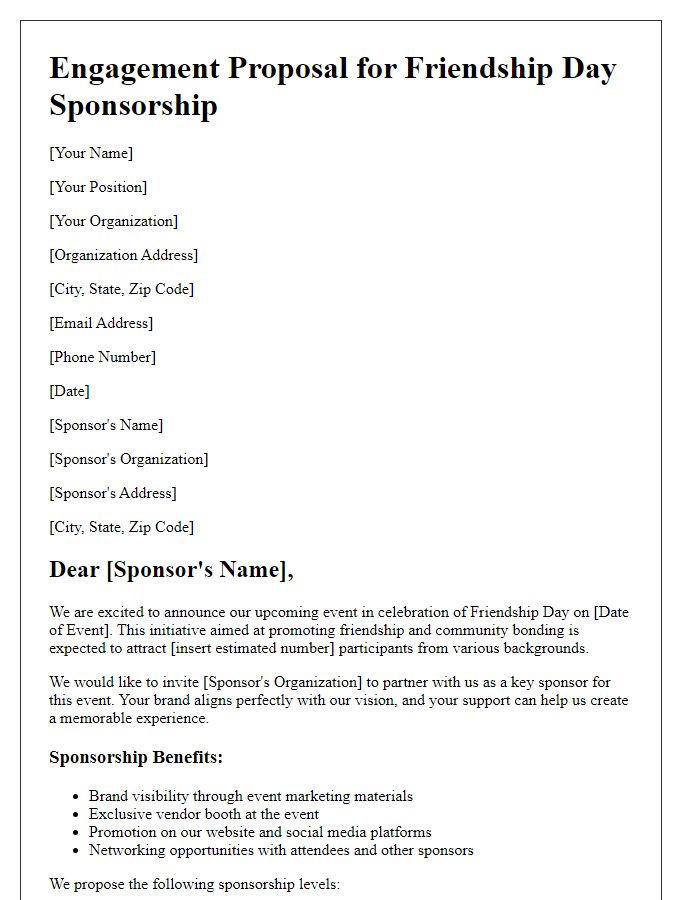 Letter template of Engagement Proposal for Friendship Day Sponsorship