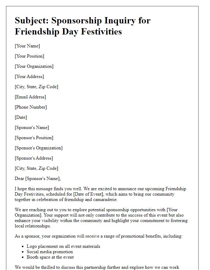 Letter template of Sponsorship Inquiry for Friendship Day Festivities