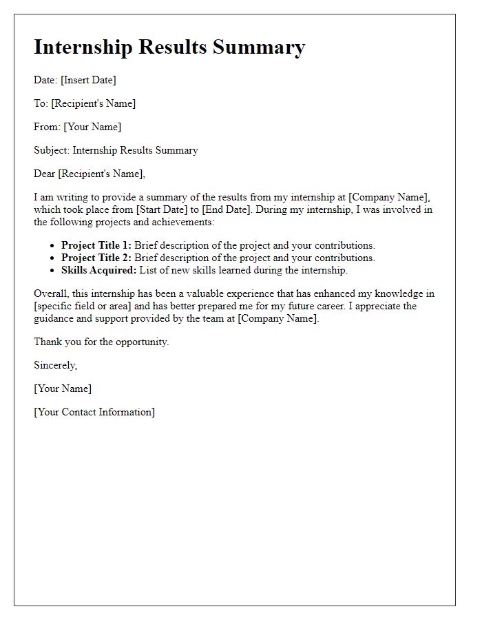 Letter template of internship results summary