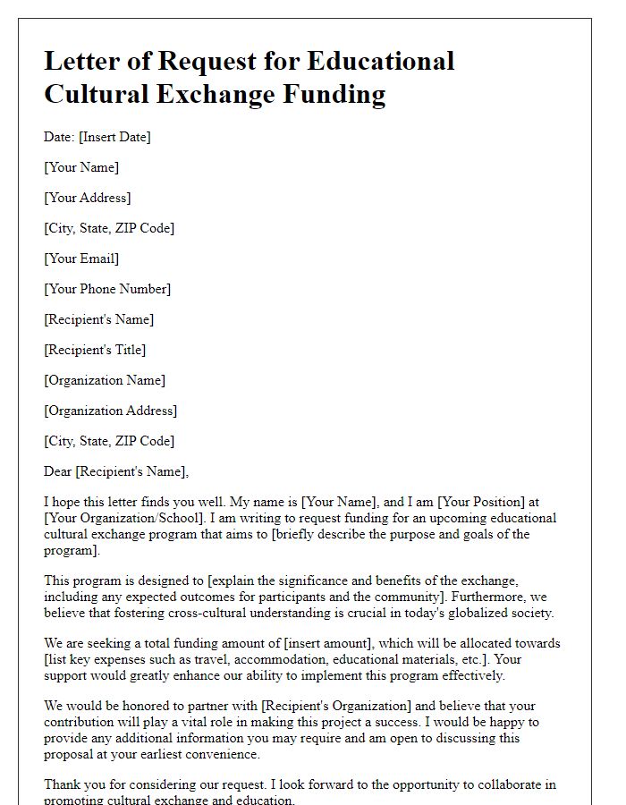 Letter template of educational cultural exchange funding request