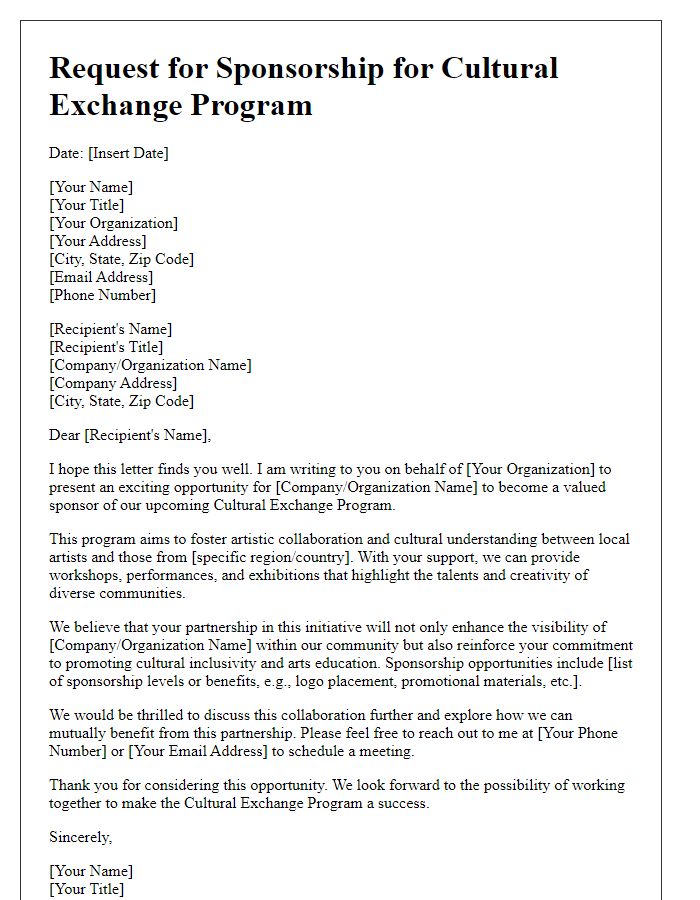 Letter template of local arts sponsorship appeal for cultural exchange