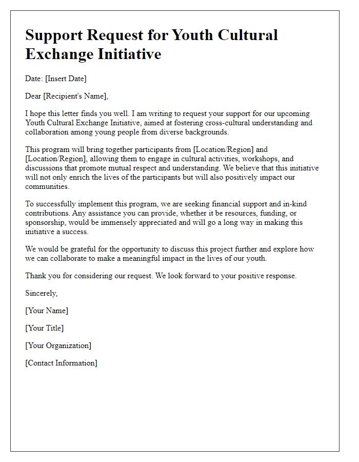 Letter template of support request for youth cultural exchange initiative