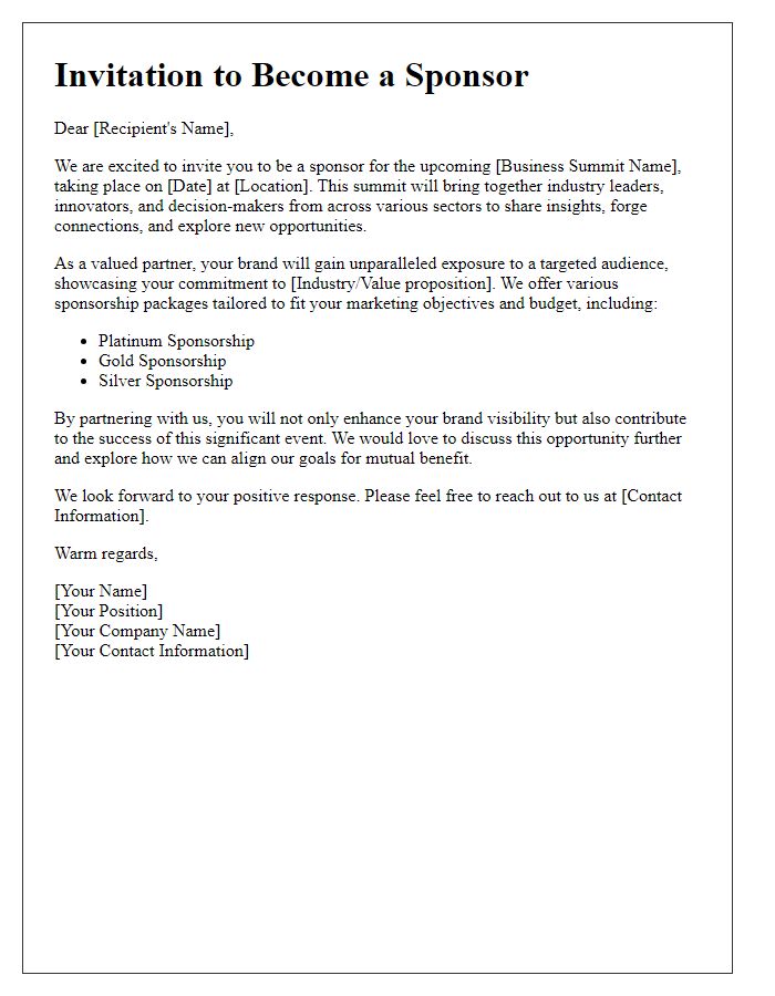 Letter template of brand sponsorship invitation for business summit