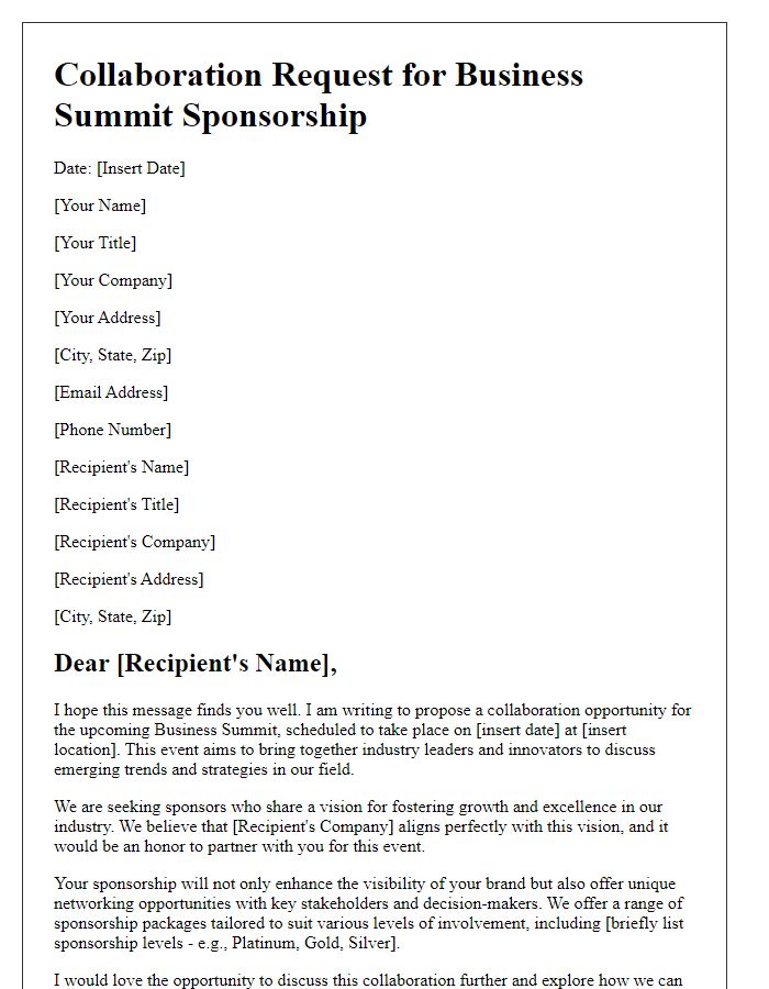 Letter template of collaboration request for business summit sponsorship