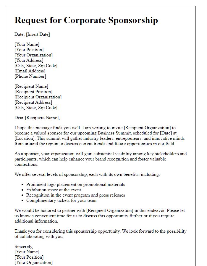 Letter template of corporate sponsorship request for business summit